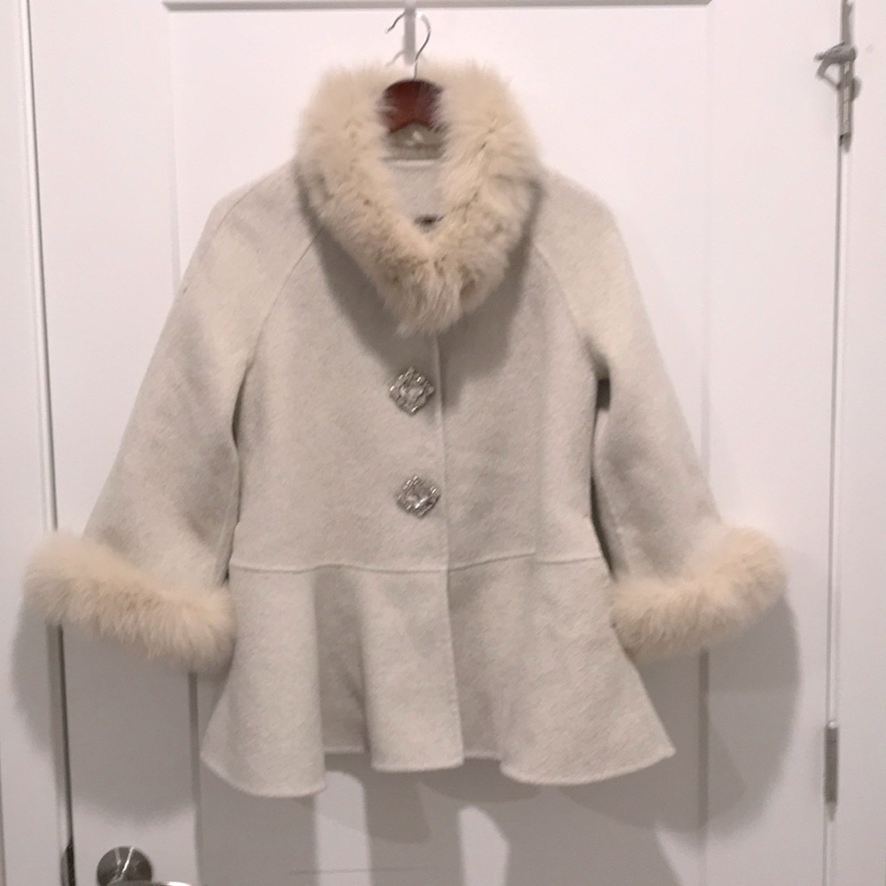 New real fox fur merino wool princess pea coat oat white